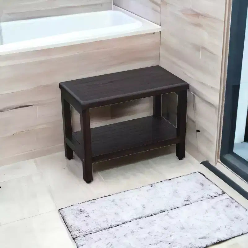 Banc de douche rectangulaire en teck avec étagère, finition marron