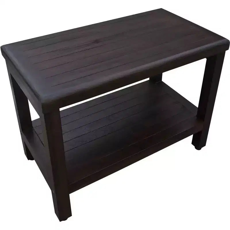 Banc de douche rectangulaire en teck avec étagère, finition marron