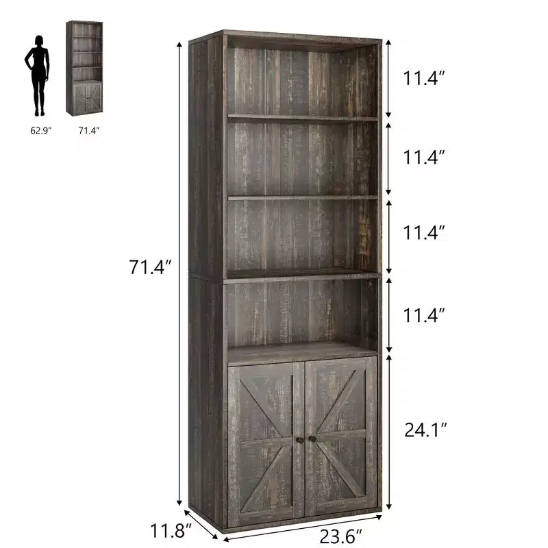 Bibliothèque haute à 6 niveaux de style fermier de 71 po avec tiroir, organisateur de rangement étroit en bois et métal, étagère de présentation de style industriel