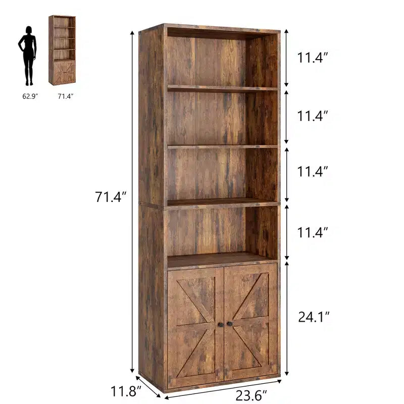 Bibliothèque haute à 6 niveaux de style fermier de 71 po avec tiroir, organisateur de rangement étroit en bois et métal, étagère de présentation de style industriel