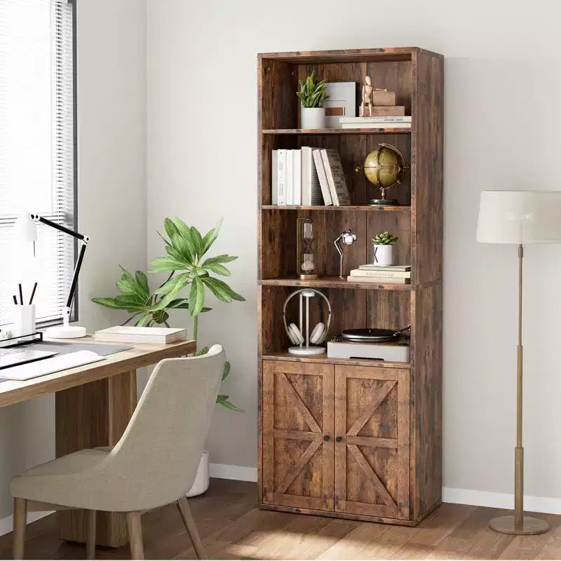 Bibliothèque haute à 6 niveaux de style fermier de 71 po avec tiroir, organisateur de rangement étroit en bois et métal, étagère de présentation de style industriel