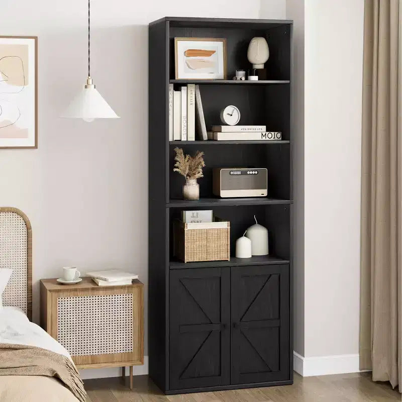 Acekool 71 Tall Farmhouse 6-Tier Bookshelf with Drawer, Wood & Metal Narrow Storage Organizer, Industrial Style Display Shelf
