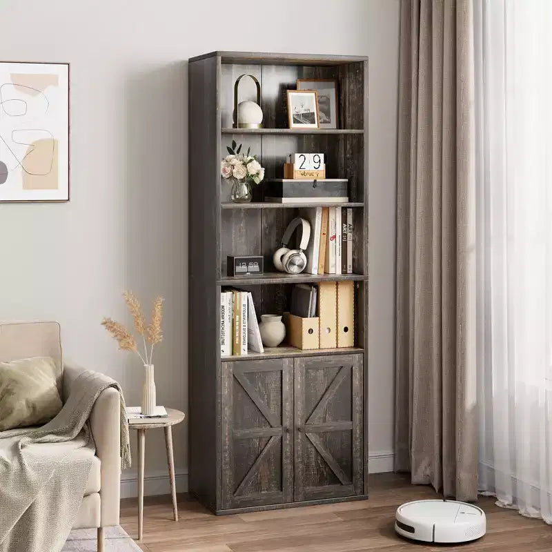 Bibliothèque haute à 6 niveaux de style fermier de 71 po avec tiroir, organisateur de rangement étroit en bois et métal, étagère de présentation de style industriel