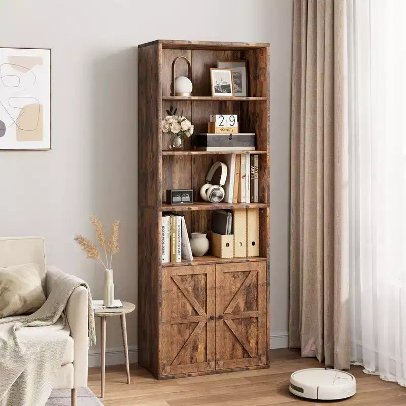 Bibliothèque haute à 6 niveaux de style fermier de 71 po avec tiroir, organisateur de rangement étroit en bois et métal, étagère de présentation de style industriel