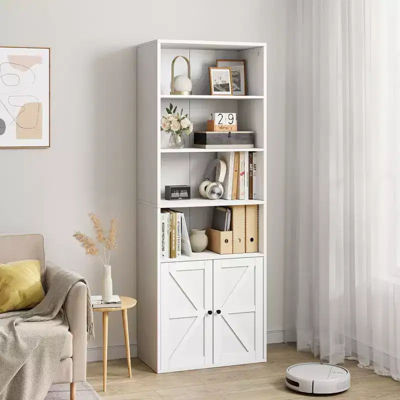 Bibliothèque haute à 6 niveaux de style fermier de 71 po avec tiroir, organisateur de rangement étroit en bois et métal, étagère de présentation de style industriel
