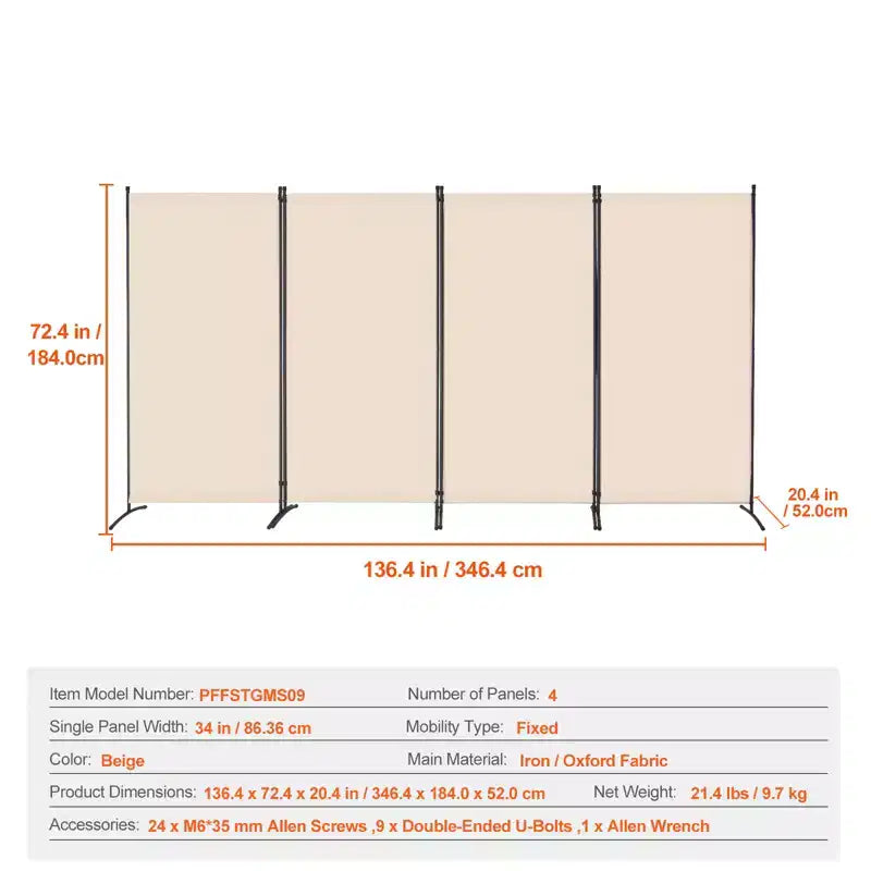 Paravent 4 pans, pliable et portable, de couleur beige, pour la séparation des pièces