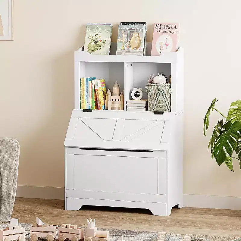 Étagère à livres et organiseur de jouets pour enfants en bois de 121,4 cm de haut avec couvercle à rabat, organisateur de rangement de jouets pour garçons/filles pour salle de jeux/chambre à coucher