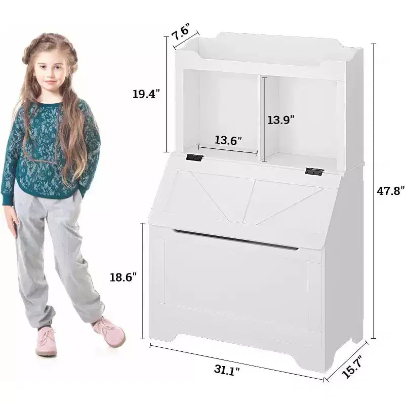 Étagère à livres et organiseur de jouets pour enfants en bois de 121,4 cm de haut avec couvercle à rabat, organisateur de rangement de jouets pour garçons/filles pour salle de jeux/chambre à coucher