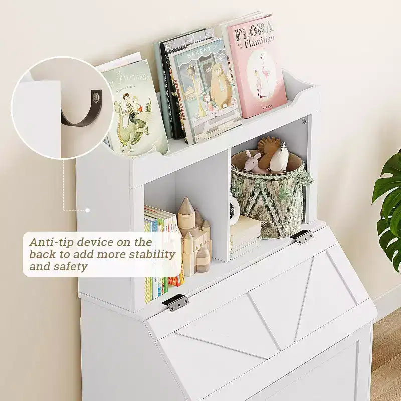 Étagère à livres et organiseur de jouets pour enfants en bois de 121,4 cm de haut avec couvercle à rabat, organisateur de rangement de jouets pour garçons/filles pour salle de jeux/chambre à coucher