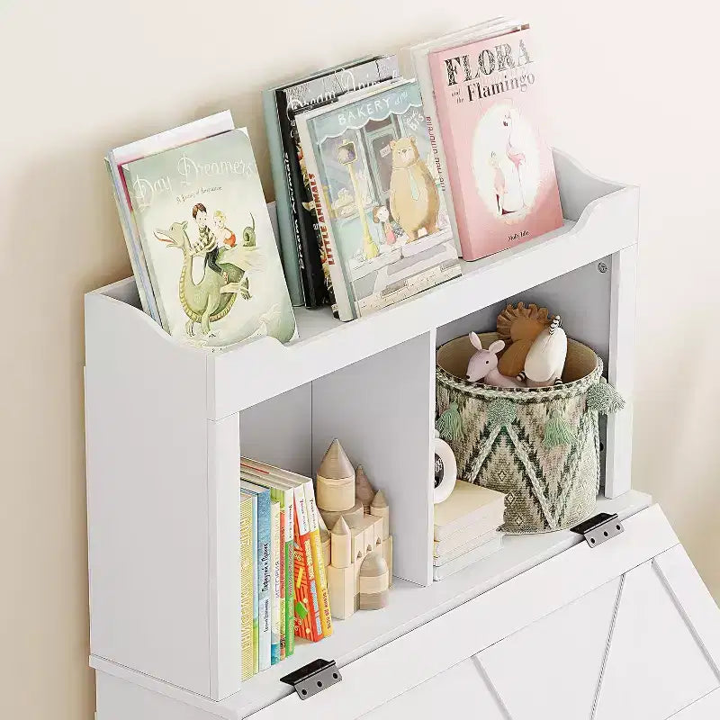 Étagère à livres et organiseur de jouets pour enfants en bois de 121,4 cm de haut avec couvercle à rabat, organisateur de rangement de jouets pour garçons/filles pour salle de jeux/chambre à coucher