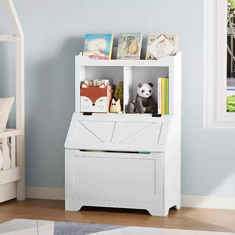 Étagère à livres et organiseur de jouets pour enfants en bois de 121,4 cm de haut avec couvercle à rabat, organisateur de rangement de jouets pour garçons/filles pour salle de jeux/chambre à coucher
