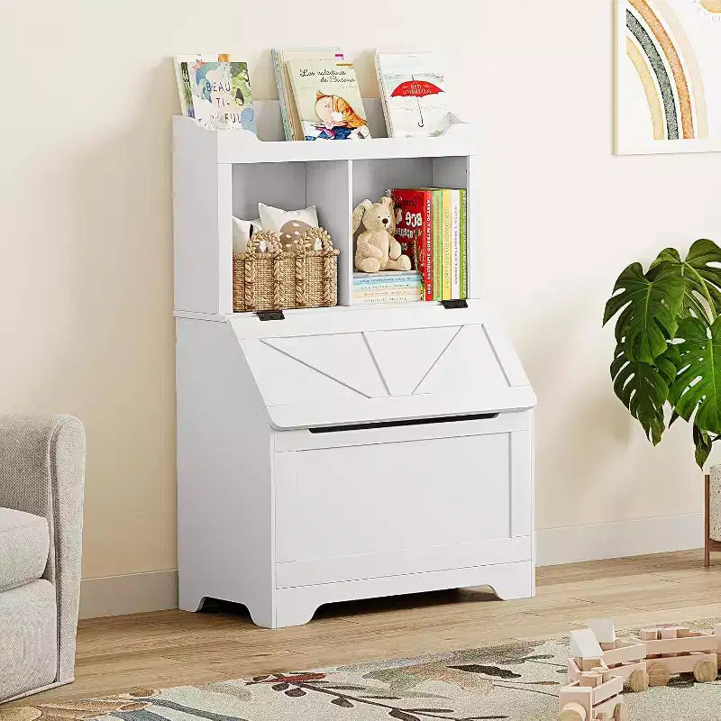 Étagère à livres et organiseur de jouets pour enfants en bois de 121,4 cm de haut avec couvercle à rabat, organisateur de rangement de jouets pour garçons/filles pour salle de jeux/chambre à coucher