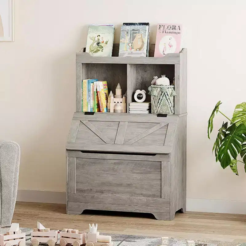 Étagère à livres et organiseur de jouets pour enfants en bois de 121,4 cm de haut avec couvercle à rabat, organisateur de rangement de jouets pour garçons/filles pour salle de jeux/chambre à coucher