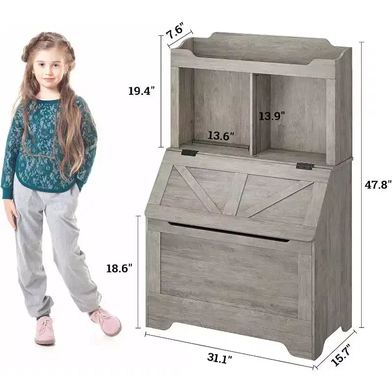 Étagère à livres et organiseur de jouets pour enfants en bois de 121,4 cm de haut avec couvercle à rabat, organisateur de rangement de jouets pour garçons/filles pour salle de jeux/chambre à coucher