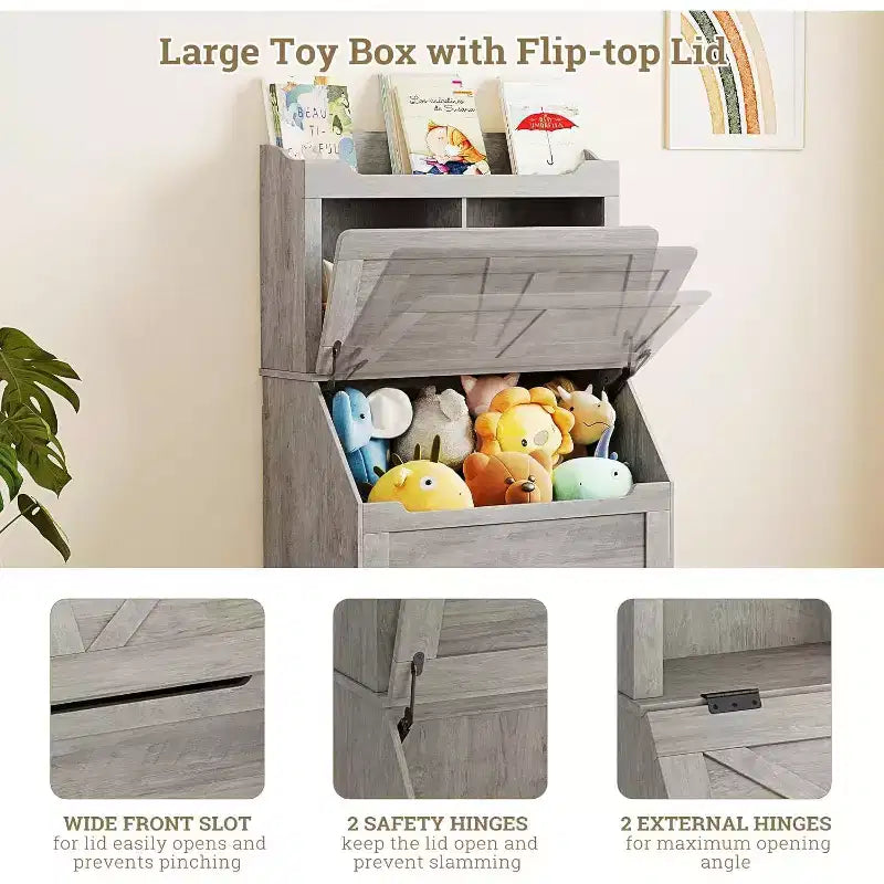 Étagère à livres et organiseur de jouets pour enfants en bois de 121,4 cm de haut avec couvercle à rabat, organisateur de rangement de jouets pour garçons/filles pour salle de jeux/chambre à coucher