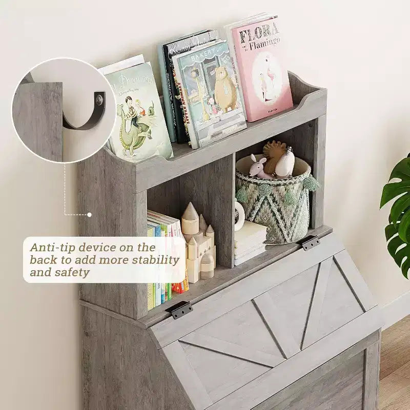Étagère à livres et organiseur de jouets pour enfants en bois de 121,4 cm de haut avec couvercle à rabat, organisateur de rangement de jouets pour garçons/filles pour salle de jeux/chambre à coucher