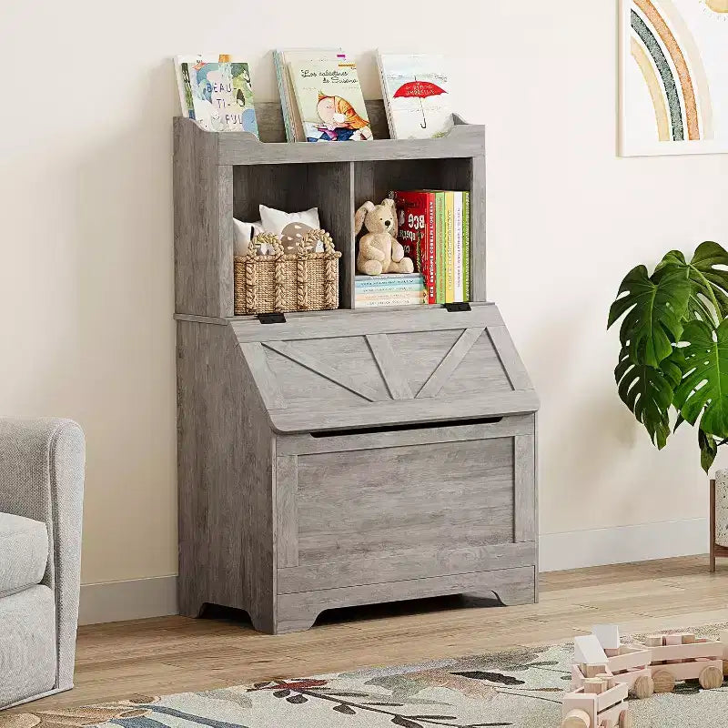 Étagère à livres et organiseur de jouets pour enfants en bois de 121,4 cm de haut avec couvercle à rabat, organisateur de rangement de jouets pour garçons/filles pour salle de jeux/chambre à coucher