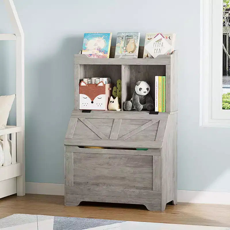 Étagère à livres et organiseur de jouets pour enfants en bois de 121,4 cm de haut avec couvercle à rabat, organisateur de rangement de jouets pour garçons/filles pour salle de jeux/chambre à coucher