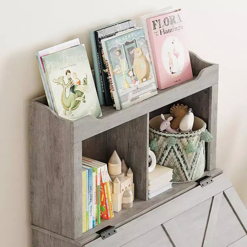 Étagère à livres et organiseur de jouets pour enfants en bois de 121,4 cm de haut avec couvercle à rabat, organisateur de rangement de jouets pour garçons/filles pour salle de jeux/chambre à coucher
