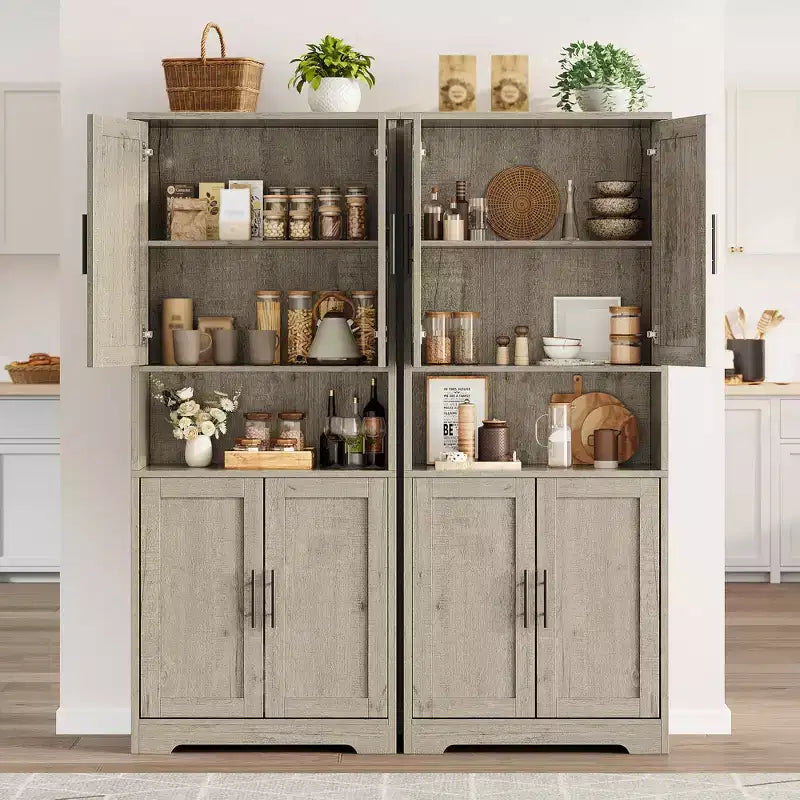 Meuble de cuisine de 178 cm de haut avec 4 portes, étagères réglables, étagère ouverte, placard haut pour salle à manger, salle de bain, buanderie