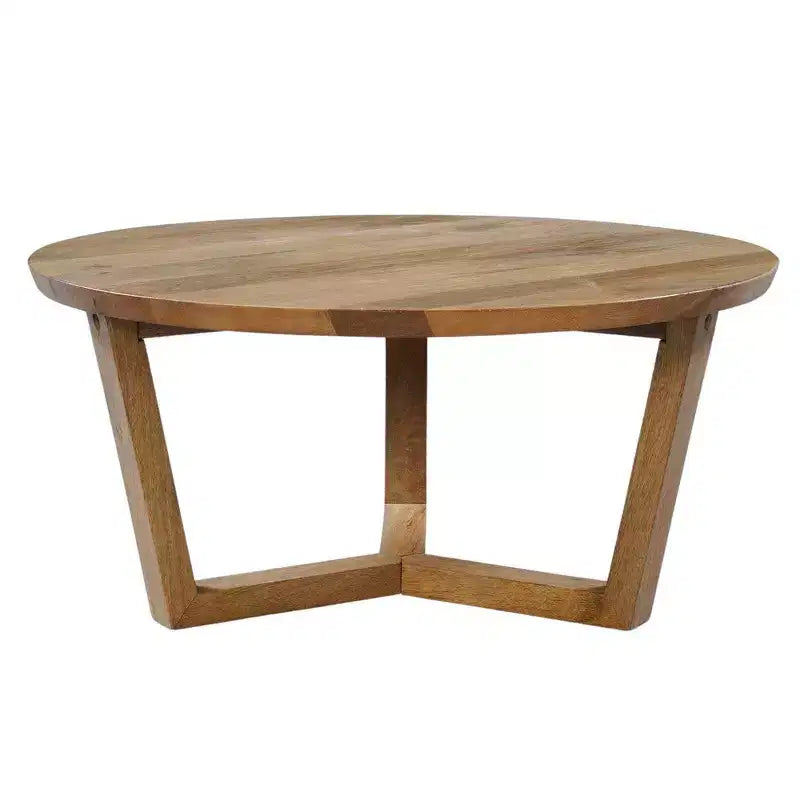 Table basse ronde de 30 pouces en bois de manguier faite à la main avec piètement traîneau robuste à 3 pieds