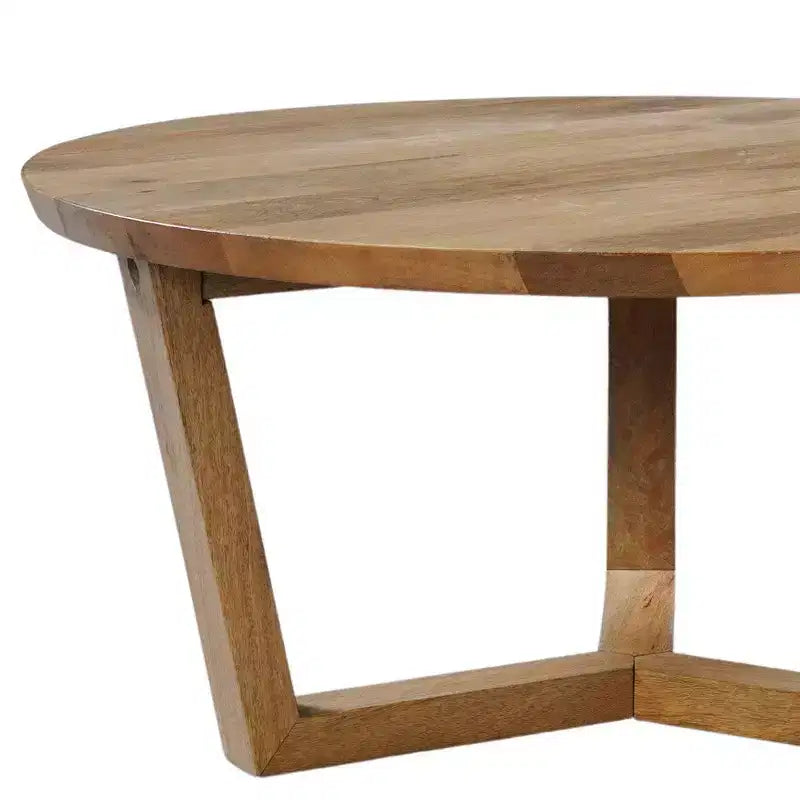 Table basse ronde de 30 pouces en bois de manguier faite à la main avec piètement traîneau robuste à 3 pieds