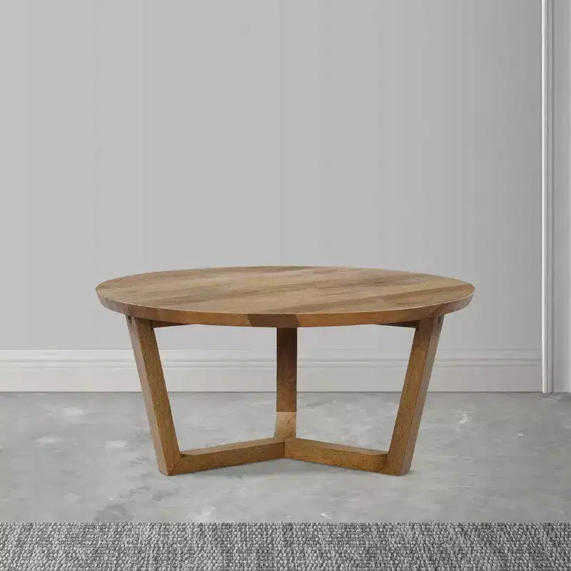 Table basse ronde de 30 pouces en bois de manguier faite à la main avec piètement traîneau robuste à 3 pieds