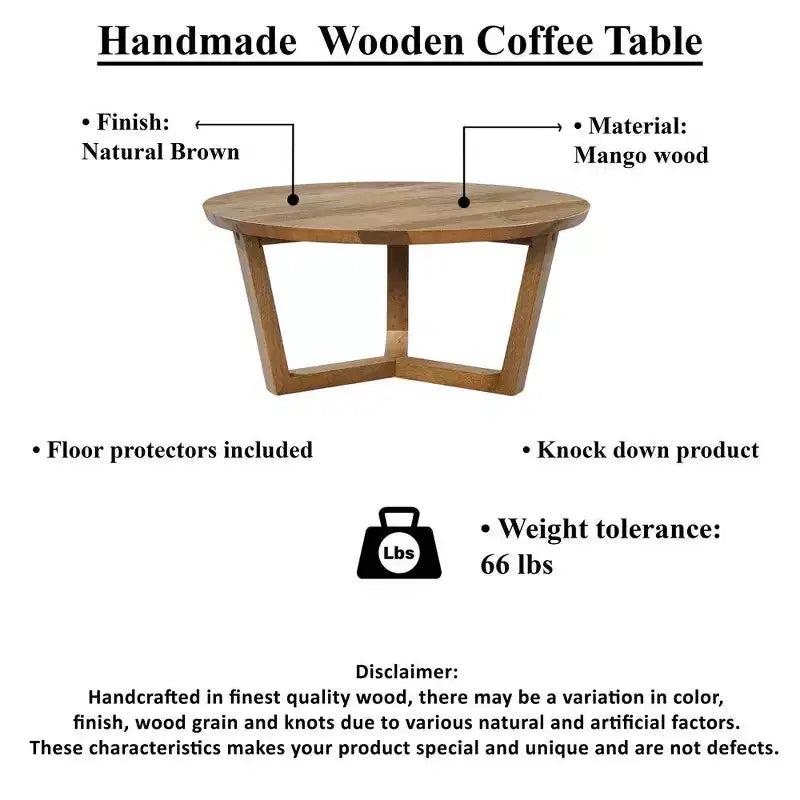 Table basse ronde de 30 pouces en bois de manguier faite à la main avec piètement traîneau robuste à 3 pieds