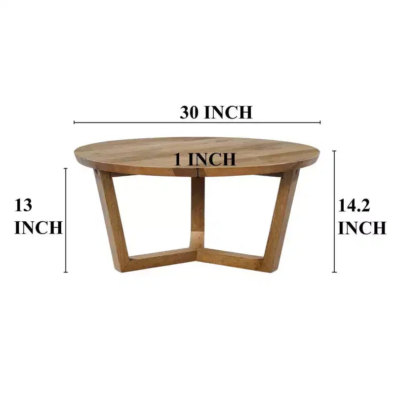 Table basse ronde de 30 pouces en bois de manguier faite à la main avec piètement traîneau robuste à 3 pieds