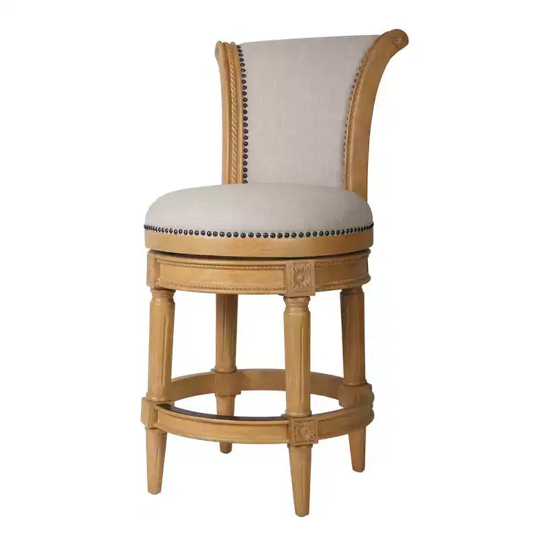 HomeRoots 25 Beige and Natural Fabric and Solid Wood Counter Height Swivel Bar Chair