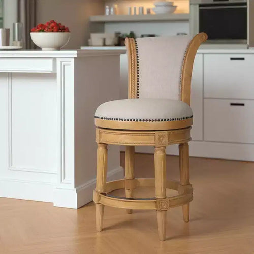 Chaise de bar pivotante de hauteur comptoir en tissu beige et naturel et bois massif (25 po)
