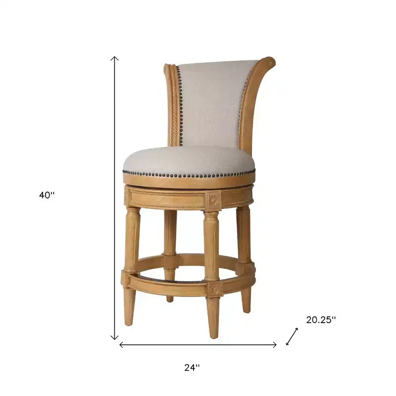 Chaise de bar pivotante de hauteur comptoir en tissu beige et naturel et bois massif (25 po)