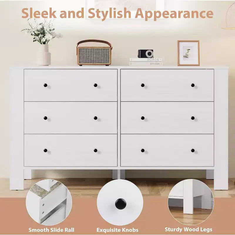 Commode à 6 tiroirs pour chambre à coucher, commode double moderne avec tiroirs de rangement, commodes en bois