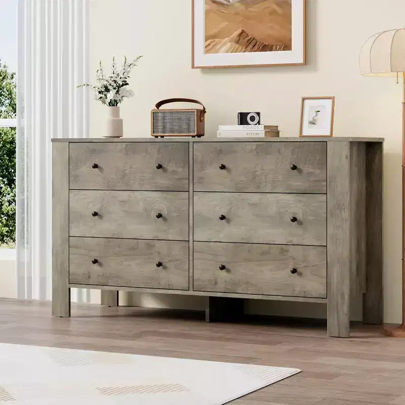 Commode à 6 tiroirs pour chambre à coucher, commode double moderne avec tiroirs de rangement, commodes en bois