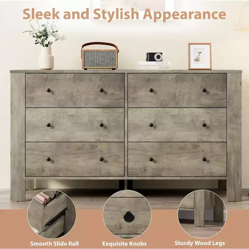 Commode à 6 tiroirs pour chambre à coucher, commode double moderne avec tiroirs de rangement, commodes en bois