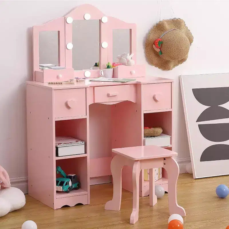 Coiffeuse avec grand miroir, 6 tiroirs de rangement, éclairage réglable 3 couleurs, étagères ouvertes, contrôle de la luminosité, naturel