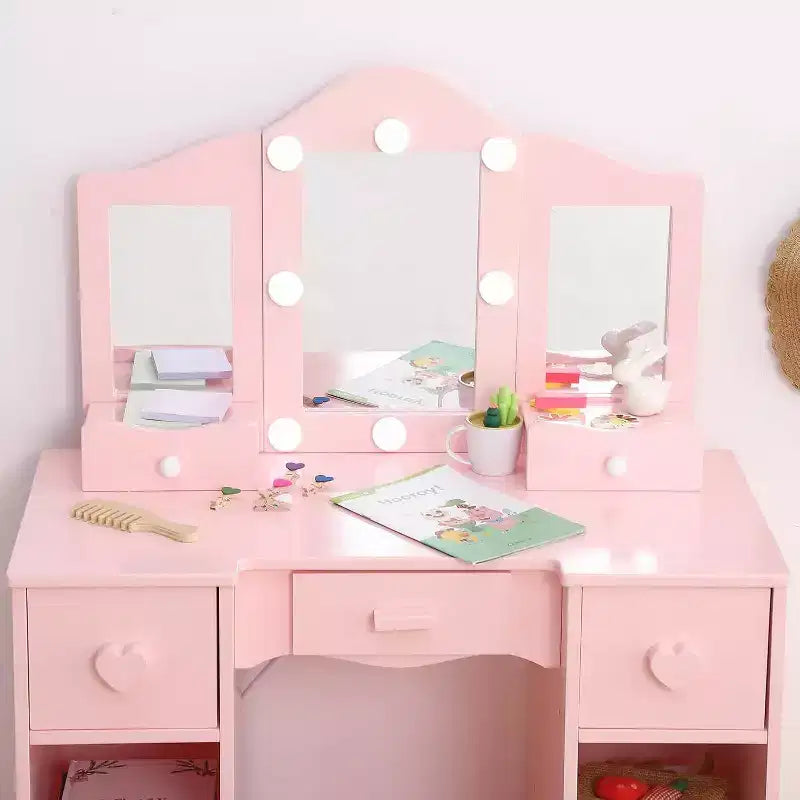 Coiffeuse avec grand miroir, 6 tiroirs de rangement, éclairage réglable 3 couleurs, étagères ouvertes, contrôle de la luminosité, naturel