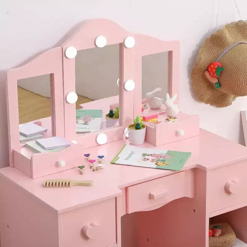 Coiffeuse avec grand miroir, 6 tiroirs de rangement, éclairage réglable 3 couleurs, étagères ouvertes, contrôle de la luminosité, naturel