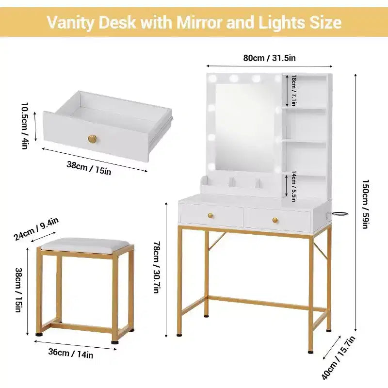 Coiffeuse avec grand miroir, 6 tiroirs de rangement, éclairage réglable 3 couleurs, étagères ouvertes, contrôle de la luminosité, naturel