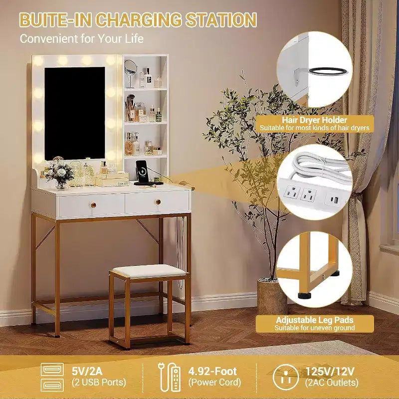 Coiffeuse avec grand miroir, 6 tiroirs de rangement, éclairage réglable 3 couleurs, étagères ouvertes, contrôle de la luminosité, naturel