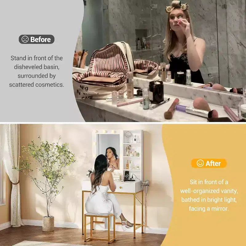 Coiffeuse avec grand miroir, 6 tiroirs de rangement, éclairage réglable 3 couleurs, étagères ouvertes, contrôle de la luminosité, naturel