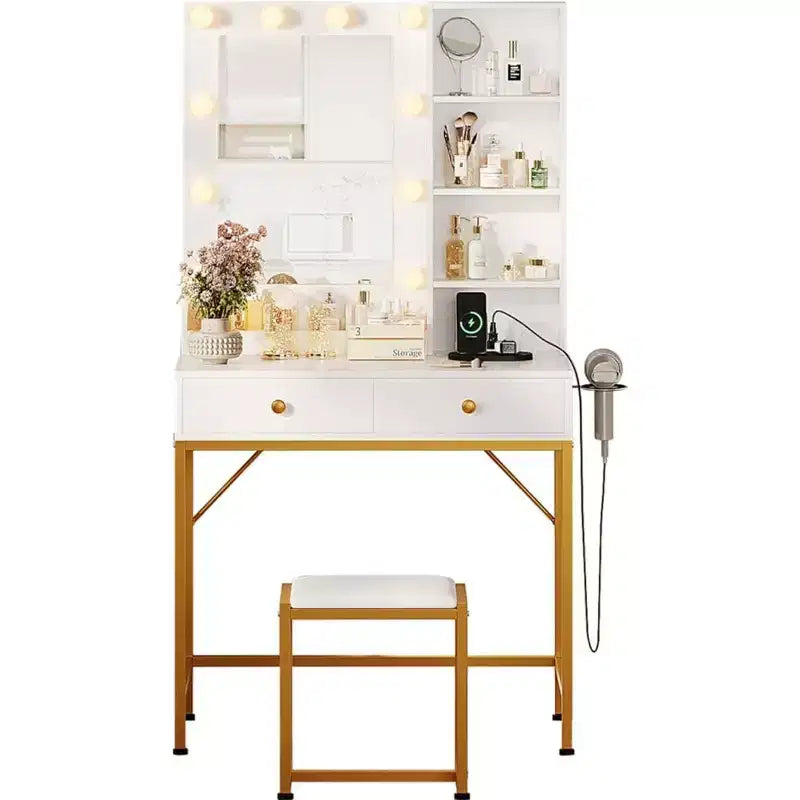 Coiffeuse avec grand miroir, 6 tiroirs de rangement, éclairage réglable 3 couleurs, étagères ouvertes, contrôle de la luminosité, naturel