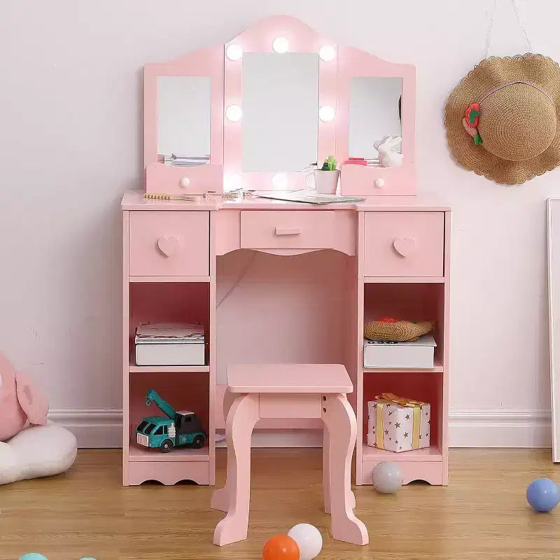 Coiffeuse avec grand miroir, 6 tiroirs de rangement, éclairage réglable 3 couleurs, étagères ouvertes, contrôle de la luminosité, naturel