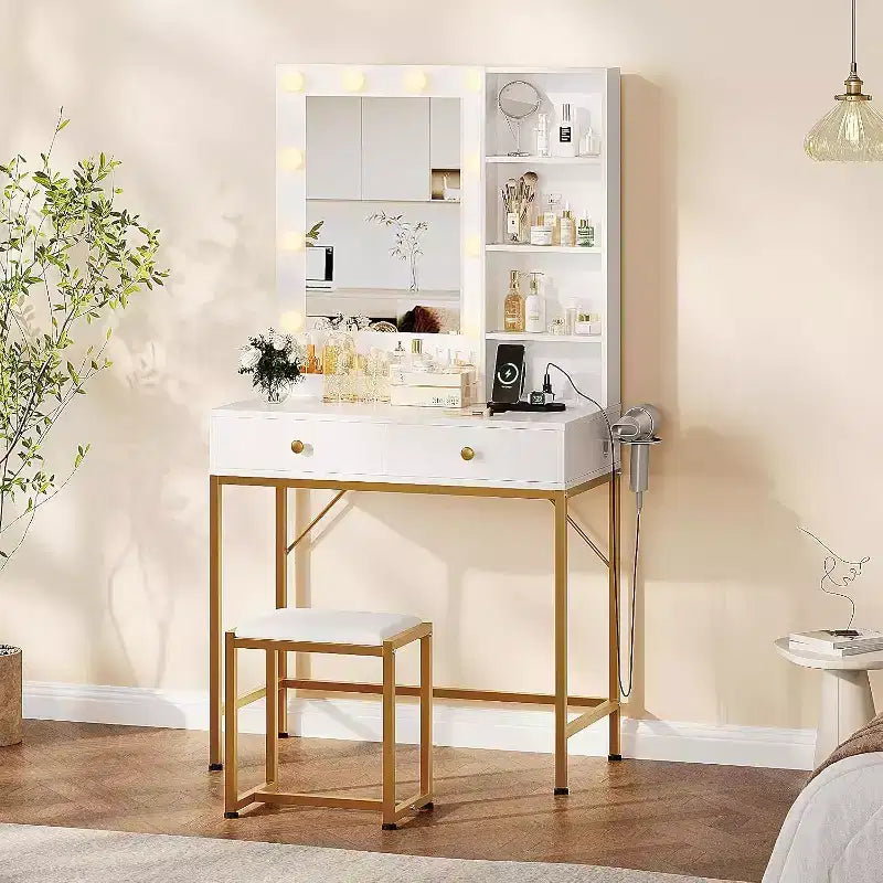 Vanity Desk Makeup Vanity with Large Mirror, 6 Storage Drawers, 3 Color Adjustable Lighting, Open Shelves, Brightness Control, Natural
