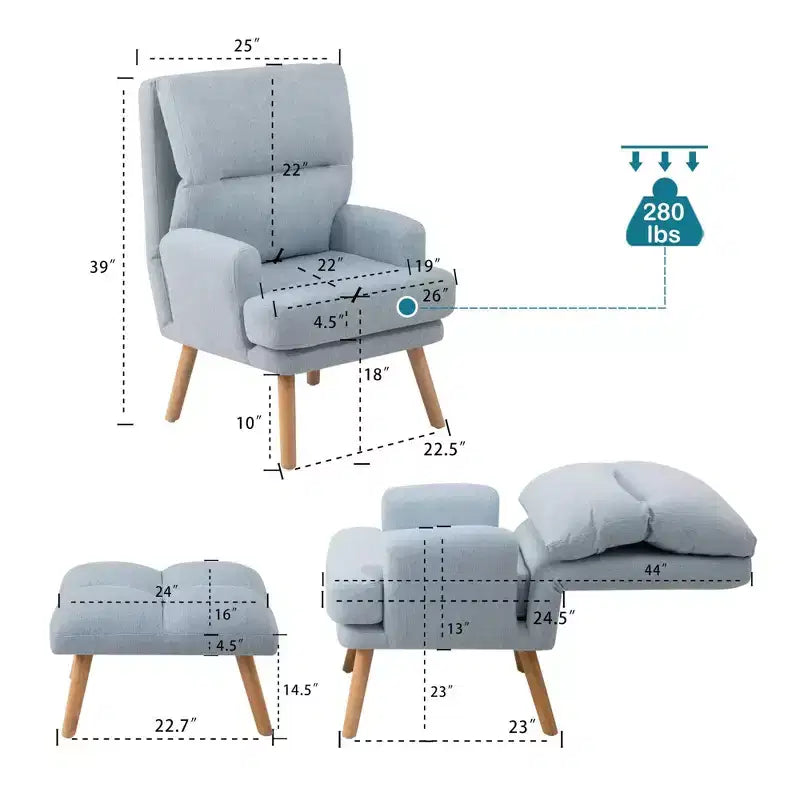 Fauteuil d'appoint moderne avec ottoman et dossier réglable, fauteuil rembourré confortable pour le salon, le bureau ou la chambre