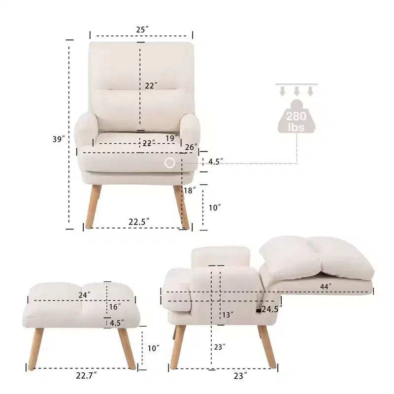 Fauteuil d'appoint moderne avec ottoman et dossier réglable, fauteuil rembourré confortable pour le salon, le bureau ou la chambre