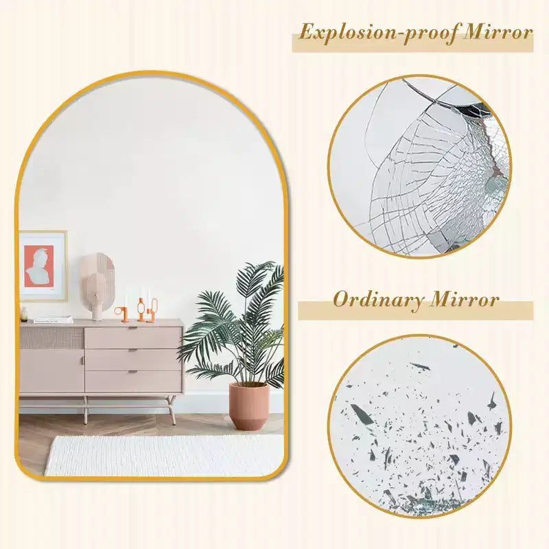 Miroir mural doré avec cadre en aluminium fin et arrondi, 35.83x24.02x1.57 pouces