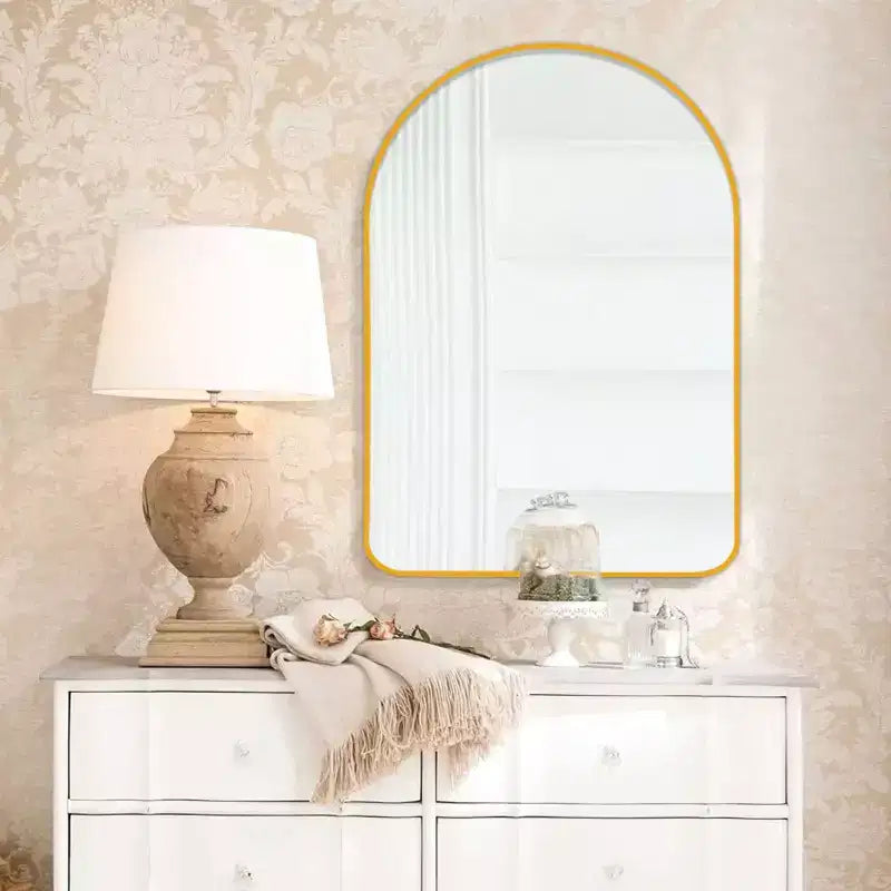 Miroir mural doré avec cadre en aluminium fin et arrondi, 35.83x24.02x1.57 pouces