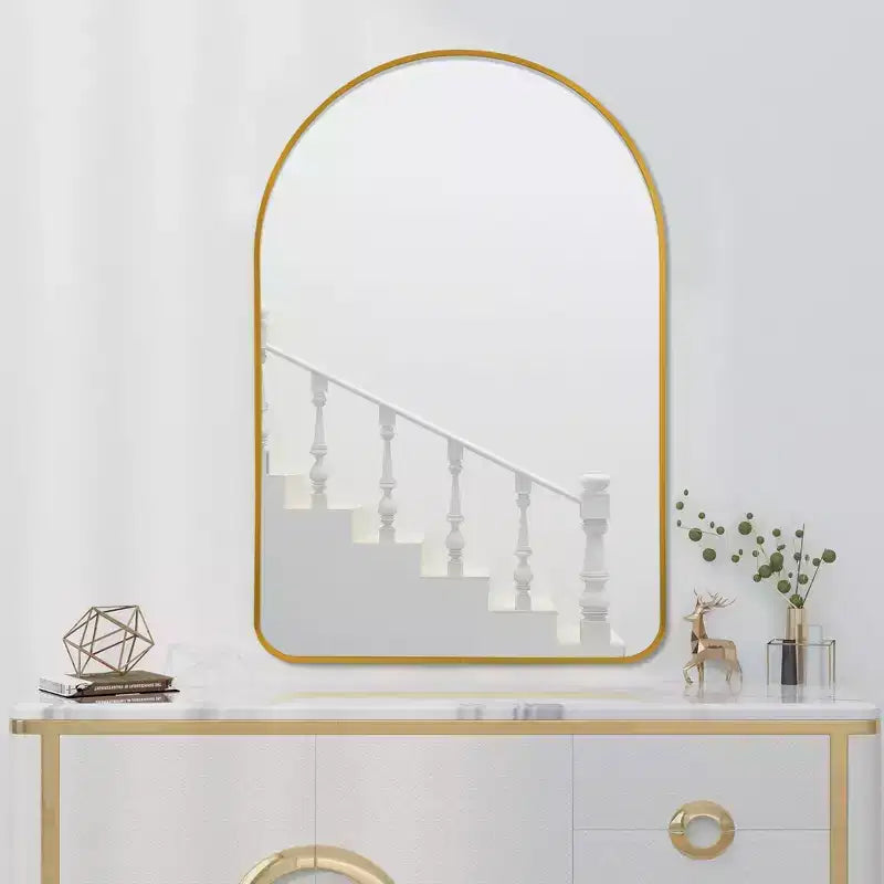 Miroir mural doré avec cadre en aluminium fin et arrondi, 35.83x24.02x1.57 pouces