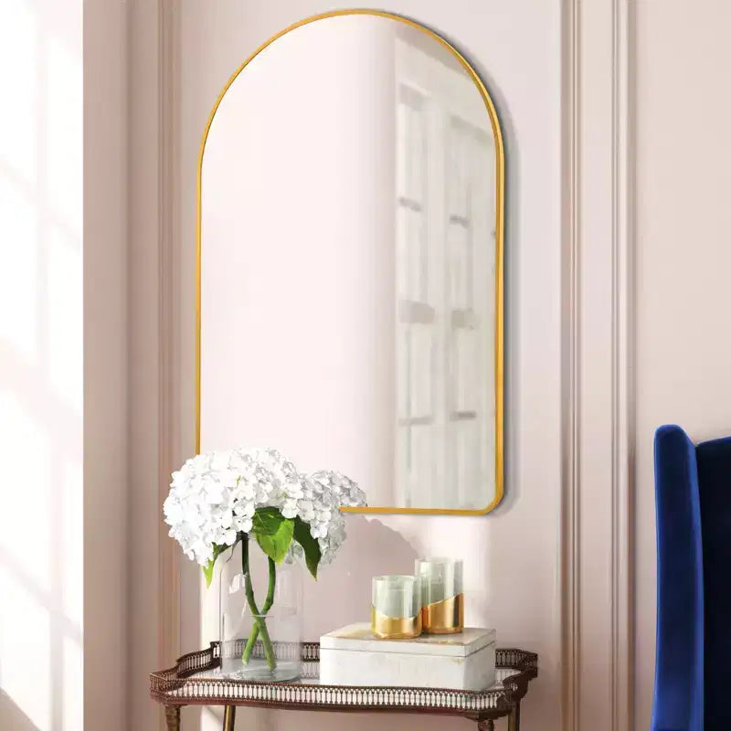 Miroir mural doré avec cadre en aluminium fin et arrondi, 35.83x24.02x1.57 pouces